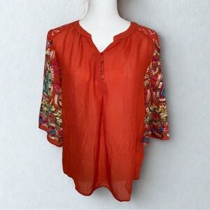 Christopher & Banks Women Blouse Colorful Embroidered 3/4 Sleeves. Petite Small
